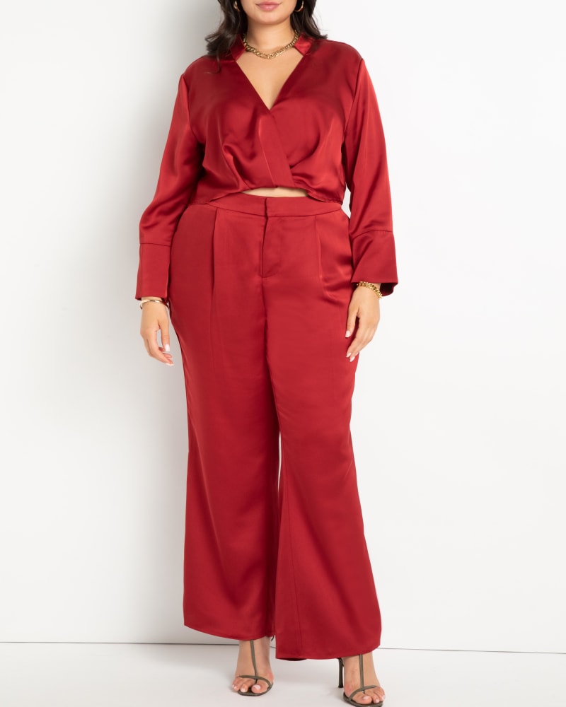 Front of a model wearing a size 14 Augusta Satin Blouse in Red Dahlia by ELOQUII. | dia_product_style_image_id:237030